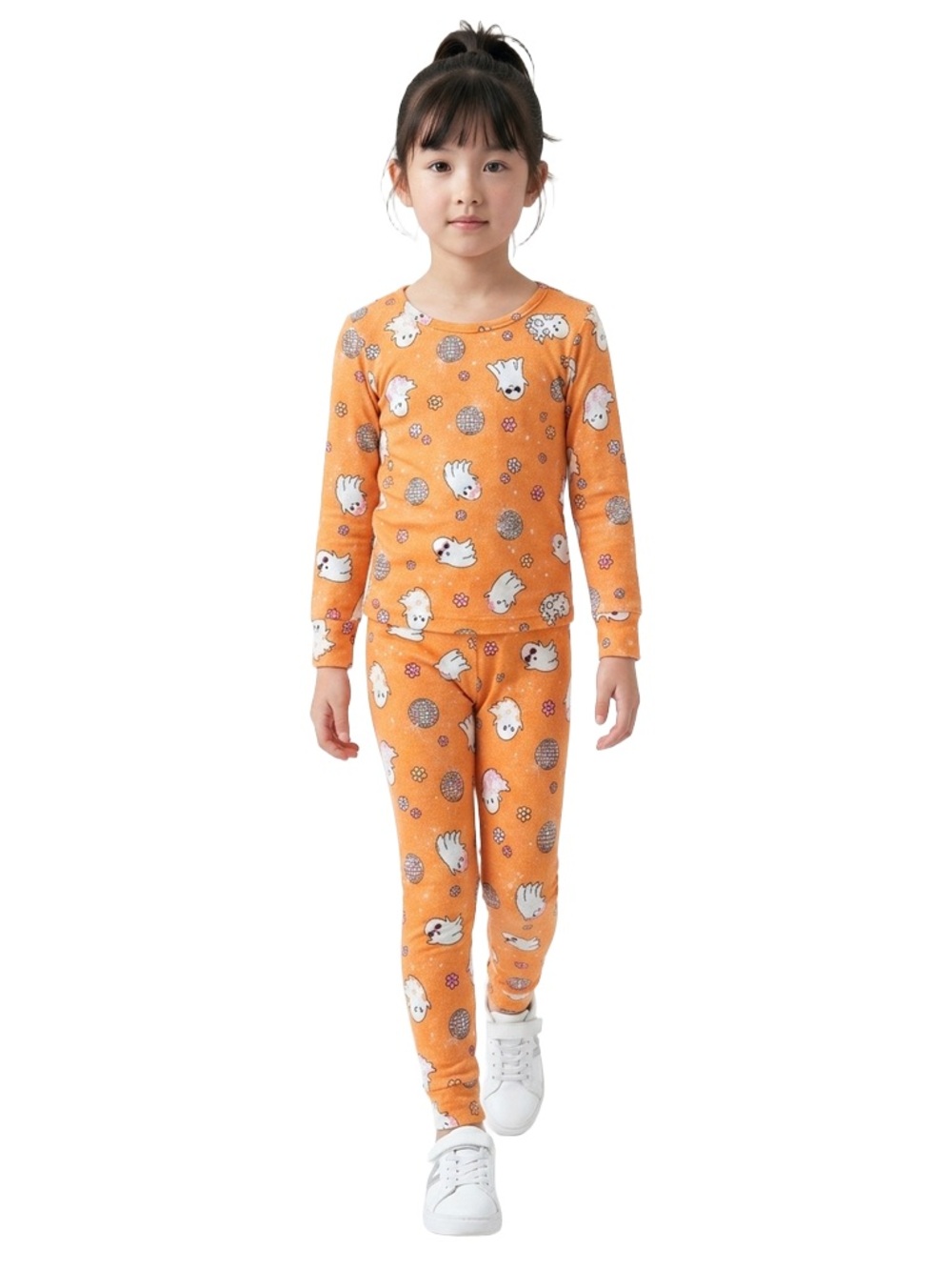 Toddler Girl Orange Ghost Print Pajama Set